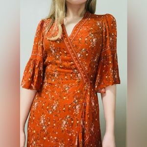 Beautiful Chelsea & Violet Wrap Dress (S): Burnt Orange with Floral Detailing